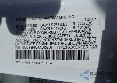 2019 Acura Tlx Tech A-Spec Pkgs из США, поврежденный, VIN 19UUB3F60KA005206